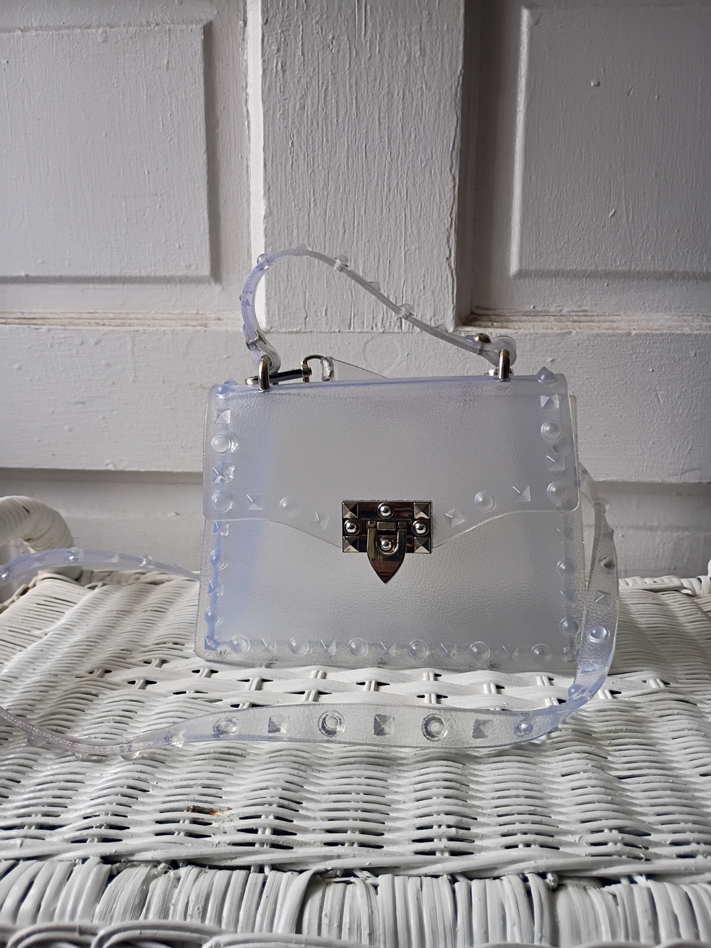 Clear Studded Top-Handle Crossbody Bag - White/Clear